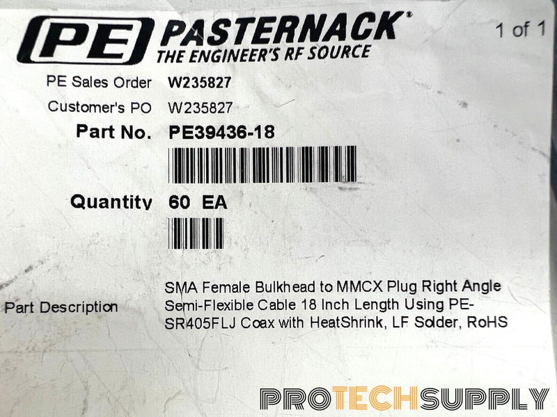 Load image into Gallery viewer, NEW Pasternack PE39436-18 SMA Female Bulkhead to MMCX Right Angle 18" w WARRANTY