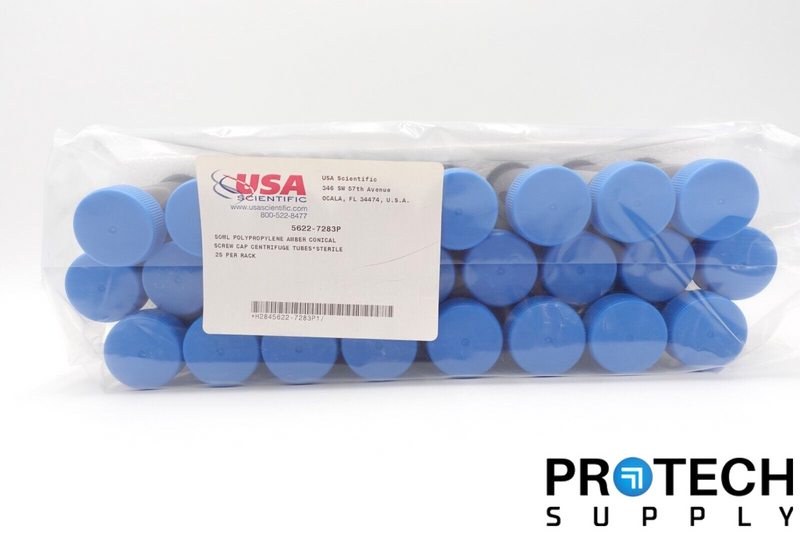 Load image into Gallery viewer, 25/Pk USA Scientific 5622-7283P 50mL Amber Tube / Conical Bottom / Screw Cap