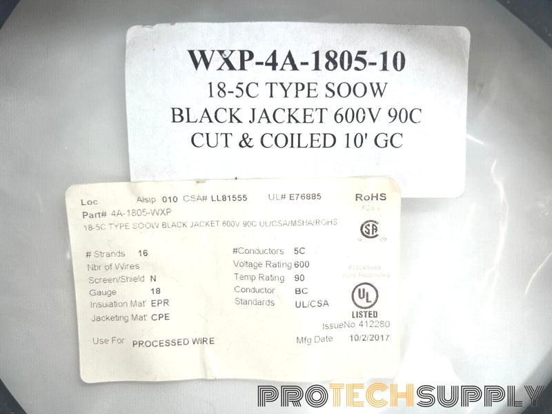 Load image into Gallery viewer, NEW Carol WXP-4A-1805-10 10ft 18-5C Type SOOW Cut & Coiled Cable with WARRANTY