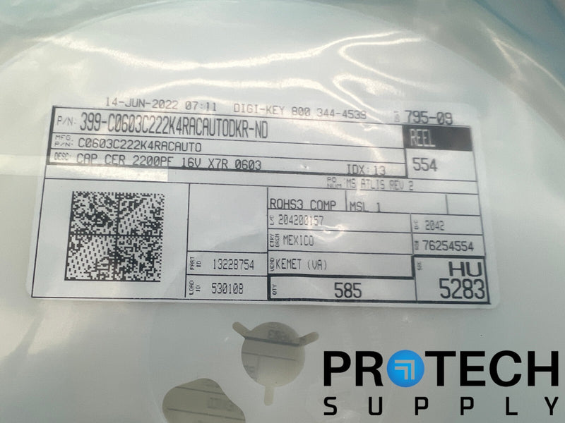 Load image into Gallery viewer, 585/Pk KEMET C0603C222K4RACAUTO 2200pF Ceramic Capacitor 16V NEW with WARRANTY