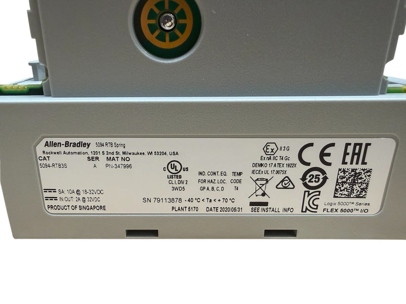 Load image into Gallery viewer, Close-up of Allen-Bradley 5094-RTB3S label: Series A, 10A 18-32V DC, Class I Div 2, cULus, ATEX, CE