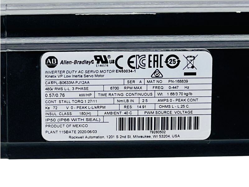 Load image into Gallery viewer, Allen-Bradley VPL-B0633M-PJ12AA Series A Kinetix VP Servo Motor 480V