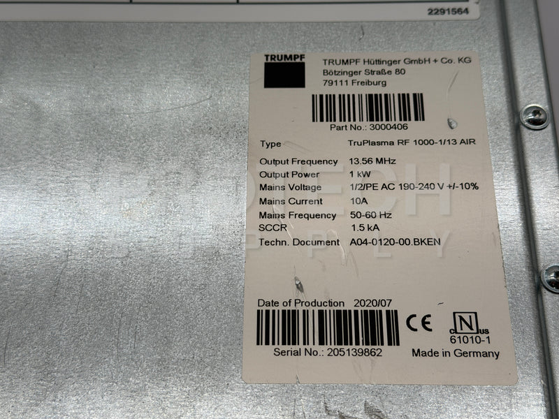 Load image into Gallery viewer, TRUMPF TruPlasma RF 1000-1/13 Air RF Generator 1kW 13.56MHz EtherCAT 3000406
