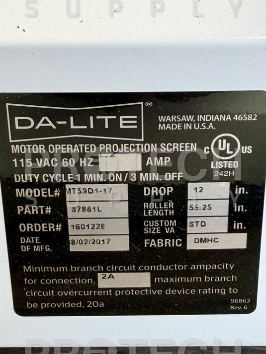 Da-Lite MT59D1-17 Motor Operated Projection Screen approx 150