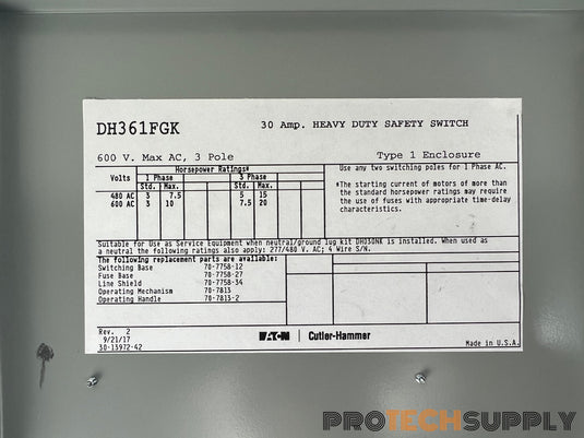 Eaton DH361FGK 3 Pole Heavy Duty Safety Switch with Edison ECSR15 with WARRANTY