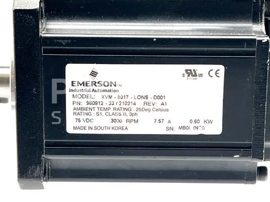 Emerson XVM-8017-LONS-D001 Servo Motor 75VDC 3000RPM 0.60Kw GUARANTEED