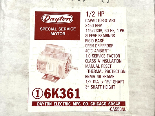 Dayton 6K361 Capacitor Electric Motor NEW with WARRANTY