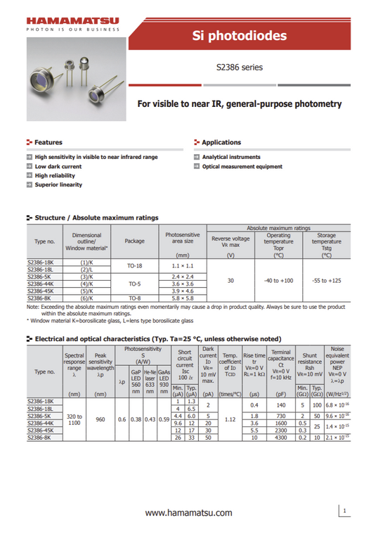 Hamamatsu S2386-8K Photo Diode NEW with WARRANTY