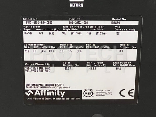 Affinity PWG-060K-BE44CBD2 Chiller R-507 GUARANTEED