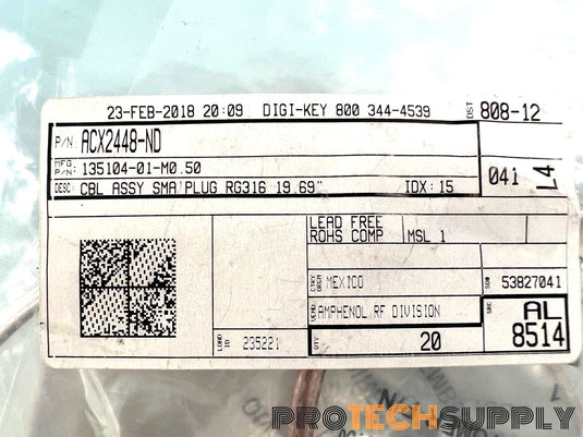 NEW Amphenol RF 135104-01-M0.50 SMA to SMA Plug RG316 19.69" with WARRANTY