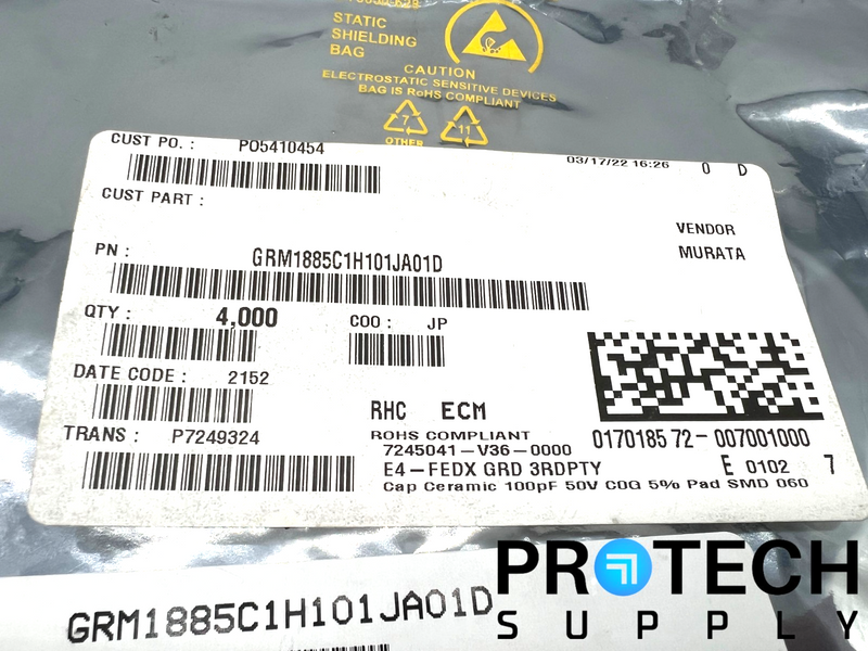 Load image into Gallery viewer, (4000/Pk) Murata Electronics GRM1885C1H101JA01D Ceramic Capacitor with WARRANTY

