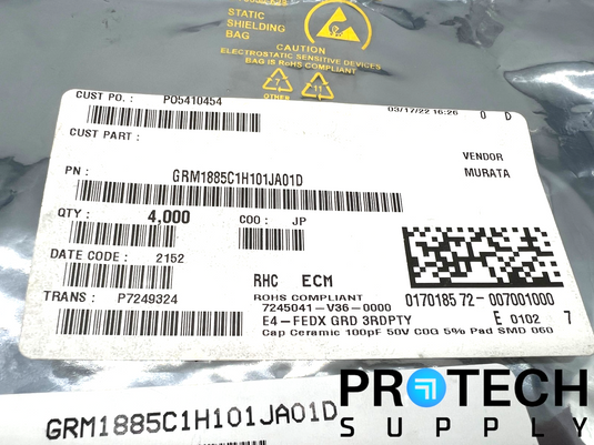 (4000/Pk) Murata Electronics GRM1885C1H101JA01D Ceramic Capacitor with WARRANTY