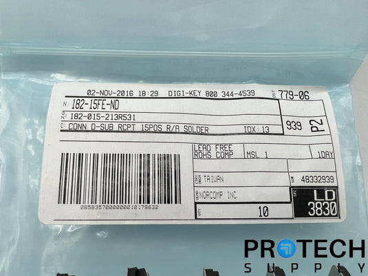 10/pk NorComp 15 Position D-Sub Receptacle 182-15FE-ND NEW