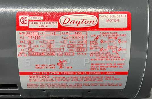 Dayton 6K361 Capacitor Electric Motor NEW with WARRANTY