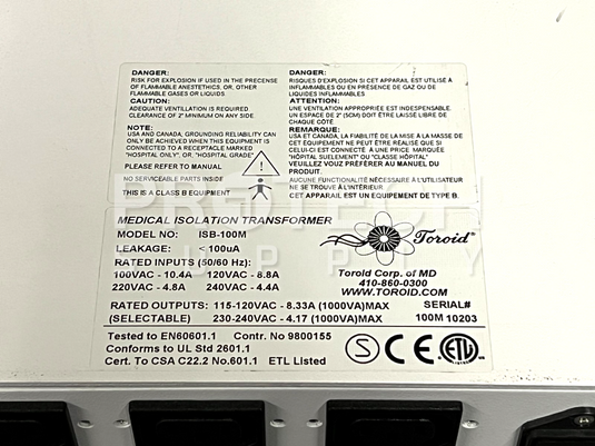 Toroid ISB-100M Medical Isolation Transformer GUARANTEED