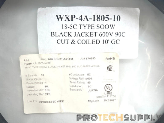 NEW Carol WXP-4A-1805-10 10ft 18-5C Type SOOW Cut & Coiled Cable with WARRANTY
