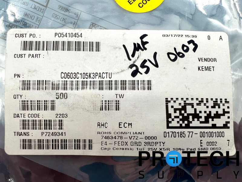 Load image into Gallery viewer, (522/Pk) Kement C0603C105K3PACTU Ceramic Capacitor 25V with WARRANTY
