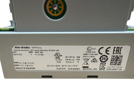 Close-up of Allen-Bradley 5094-RTB3S label: Series A, 10A 18-32V DC, Class I Div 2, cULus, ATEX, CE
