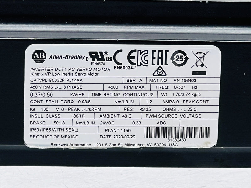 Load image into Gallery viewer, Allen Bradley VPL-B0632F-PJ14AA Kinetix VP Inverter Duty AC Servo Motor
