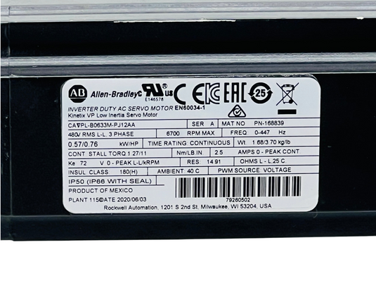 Allen-Bradley VPL-B0633M-PJ12AA Series A Kinetix VP Servo Motor 480V